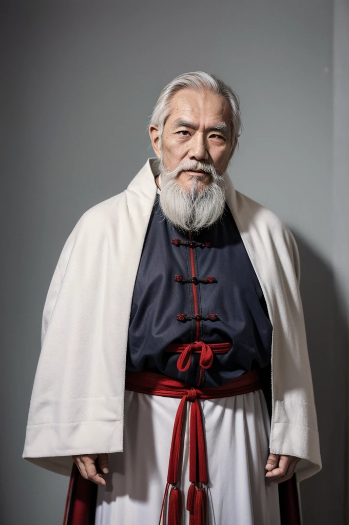 "Full-body image of an elderly Chinese man with a long white beard, wearing a traditional long cloak. The man’s face is lifelike with clear details, showing wrinkles and a calm expression."