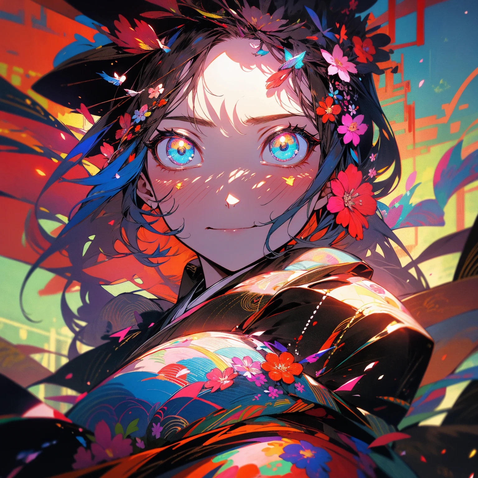 Japanese clothing、woman、Fantastic flowers、Colorful kimonos、dark、Dark World、fear、darkness、black