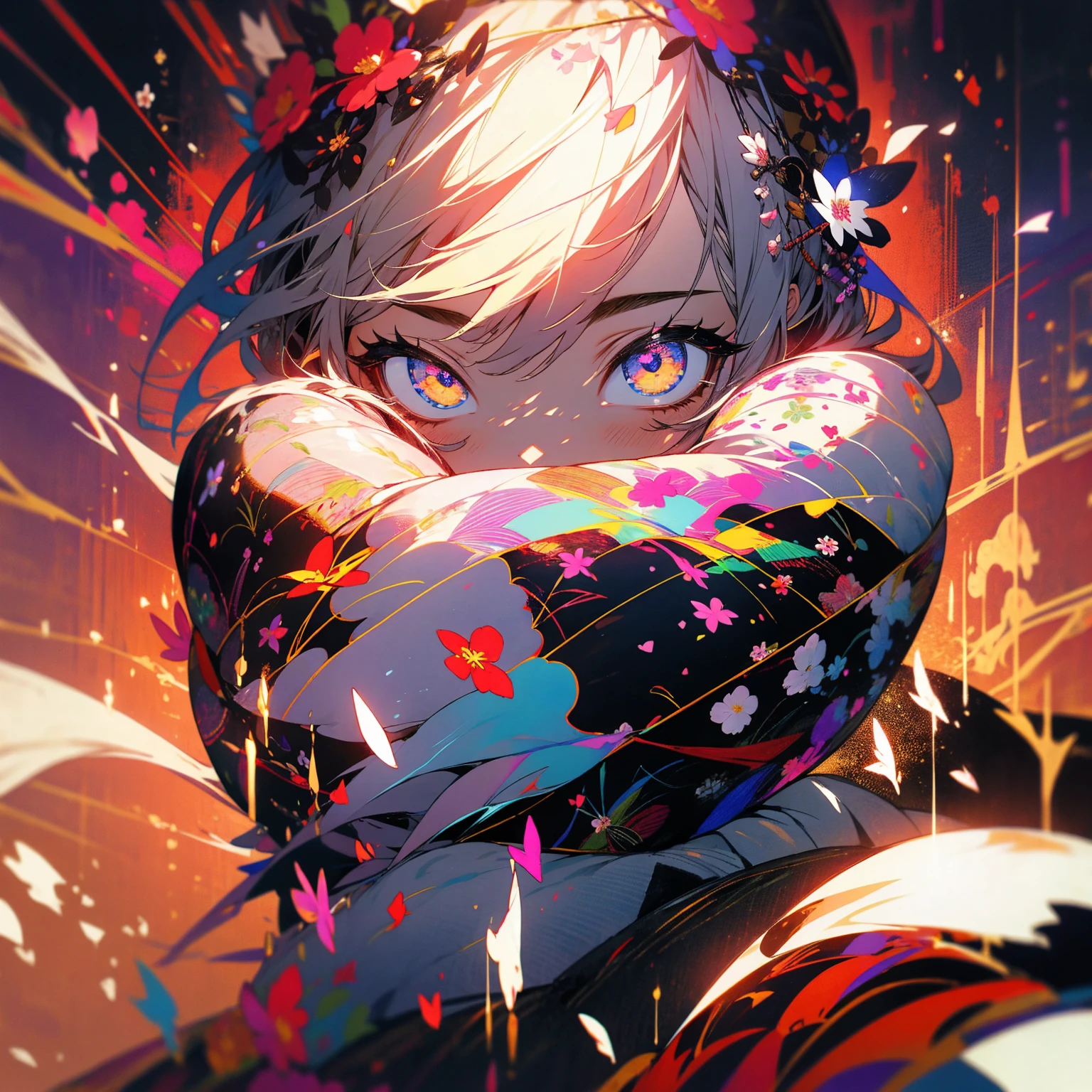 Japanese clothing、woman、Fantastic flowers、Colorful kimonos、dark、Dark World、fear、darkness、black