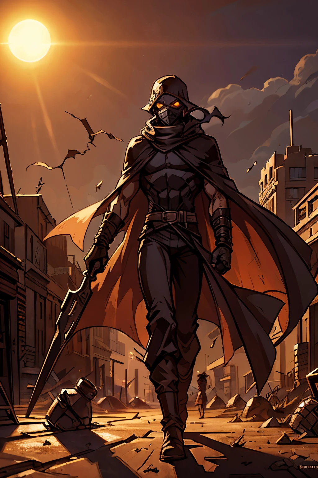 A cloaked elf runner in desert gear, standing atop a crumbling skyscraper, with the wind whipping sand around. The high-tech mask glows faintly as the elf surveys a city buried in dunes, where broken glass and rusted metal structures poke through the sands. The tattered cloak blends into the dusty, sun-scorched environment, creating a haunting silhouette against the desolate horizon.