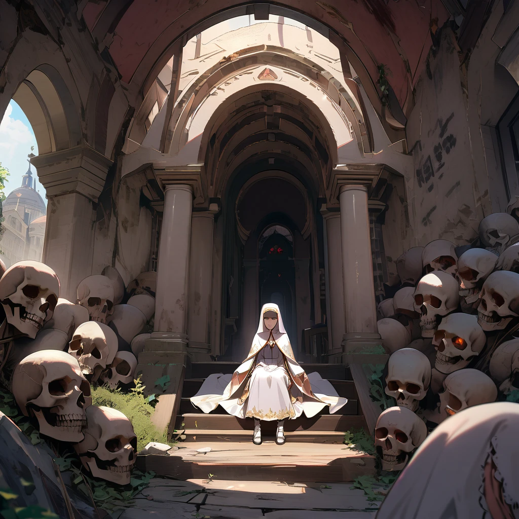 Horror, creepy, white nun with many arms, underground shelter, detailed background, detailed writing, 4k, UHD, absurd, ultra quality, masterpiece,