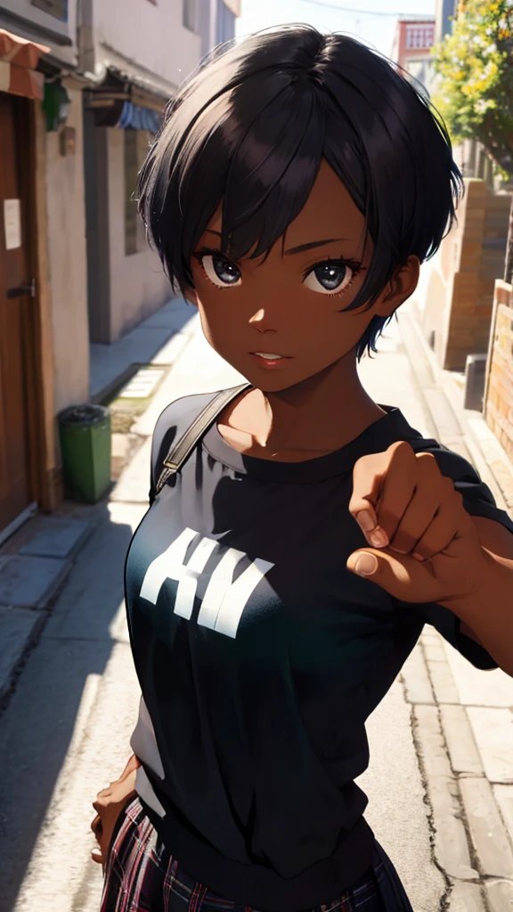 (masterpiece, best quality, ultra detailed, four fingers and one thumb, black eyes:1.4), BREAK 1lady, athletic female, abs body, (Black Hair, Pixie Cut, chest, gigantic chest, Sunburn, Sunburnlines, Dark Skin:1.3), (ultra detailed face, expression of fine eyes, shiny hair, shiny skin, oily skin, super detailed skin), (glowing, depth of field, eye-level shot from front, from above, looking at viewer:1.4),