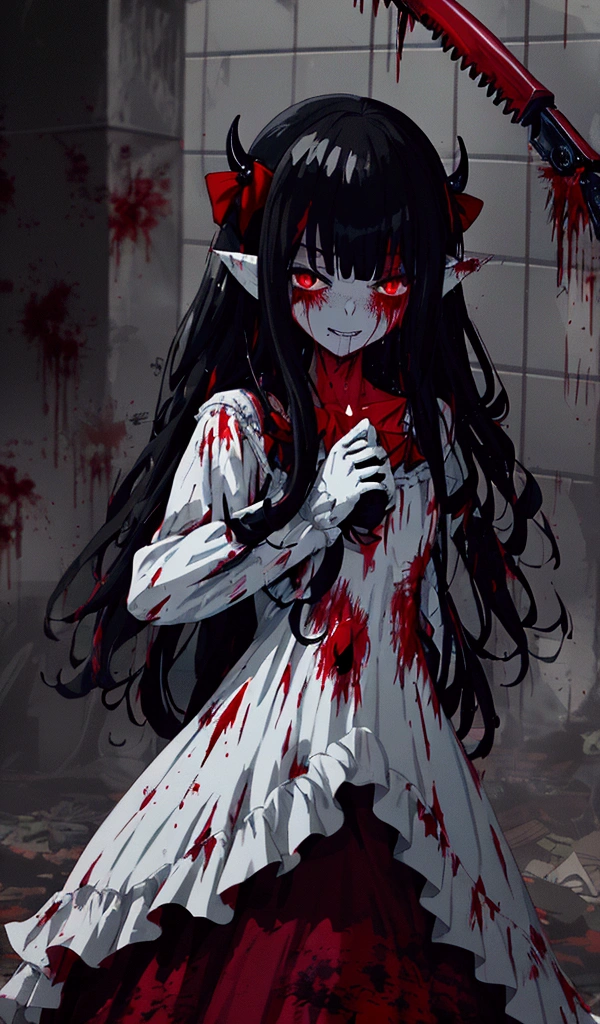 (Highest quality,4K,High resolution,masterpiece:1.2),Very detailed,Realistic:1.37,Spooky altar background,Dark fantasy,Red color scheme,Ominous atmosphere,Eye-catching,Storytelling,anatomy,Anime Style,Concept Art,beautiful細部までこだわった顔と (((Red eyes ))),A terrifying ritual ,Satanic Ritual,Premature death,inappropriate behavior,クレイジーなsmile,Scythe Face,Girl Monster, beautiful, Delicate facial features, Sharp Eye, Sharp Fangs, pale skin, Thick chain, Dark Background, Cinema Lighting, Dramatic Shadows, Gothic style, Gloomy atmosphere, Dark fantasy, One Girl, , Please open your mouth wide, Open your mouth and baring your teeth,Sharp teeth like a beast, Wide lips, very wide mouth, Vermilion cheeks, ,(Blood splatter:1.4),Scary smile, smile,Fallen angel design, Twisted smile、Bloody、bleeding from the head,,,,,、Blood splatter、,(Blood splatter:1.4),Crossbones, skull,Horror Style, ((Fantasy Fallen Angel Costume)), ((Flowing black hair)), ,(Blood splatter:1.4),Female curves, Sexy flat stomach, Perfect hands, Perfect anime face, ((White ta Dress)), Are standing, ((邪悪なsmile)), ,(Blood splatter:1.4), Steam circulates, Moonlight Illumination, night lighting, disaster々new devil horns,,(Blood splatter:1.6),アニメFallen angel design, Twisted smile、Bloody、bleeding from the head,,,,,、Blood splatter、,(Blood splatter:1.4),Crossbones, skull,Gothic architecture、Western architecture、Fantasy World、,Victorian cities, Skeleton Gas Light,Absurd, High resolution、 ((Tabletop)), ((Highest quality)), (Very detailedな), ((Very detailed)), (beautiful), ((pretty girl)), (NFSW:1.8), alone,(10 y)、(world'The most terrifying and creepy demon girl:1.5)beautiful face、Whole Body Ezbian、pale, Beautiful Skin、beautiful黒の髪、Smiling Kindly、Dark building ruins、(snow white'Frill dress:1.3)、(The dark ruins are stained with blood:1.3)、Low angle full body shot、(少女は血の海の中にAre standing:1.5)、(The ground is full of blood:1.3)、(The girl lost a lot of blood...:1.3)、)、(クレイジーなsmile:1.6)、Spirits、(Blood dripping from the mouth:1.3)