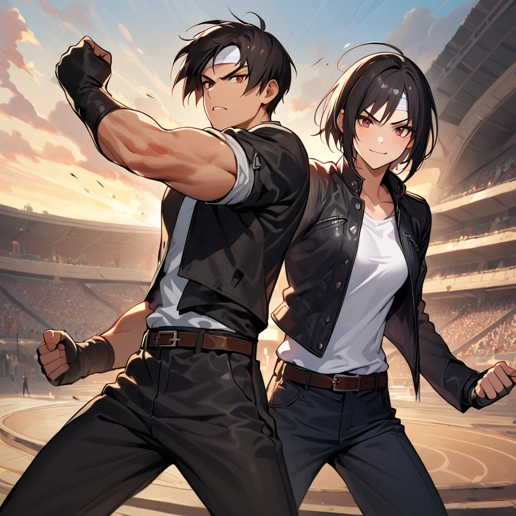 masterpiece, 2 people, Men and women fighting, One to One, 最high resolution, 8k, ((A scene where they fight one-on-one)), Fighting Pose, Like a fighting game: 1. 5,(kyo kusanagi), Man has black skin、Red eyes, One person, ((white headband)) ツーshot, Black jacket(Roll up your sleeves), Fingerless gloves, Black Hair, White T-shirt, Black trousers, White shoes, Brown belt, boyish, good looking, shot, Charm, masterpiece, high resolution, Detailed face, granular, morning, A confident smile, Fighting man and woman with the Arles amphitheater in the background, much-air-laden cheer, Same hairstyle, Same hair and clothes, Angry face: 1.Attack Speed 5, Fast Attack, Angry face, Angry face