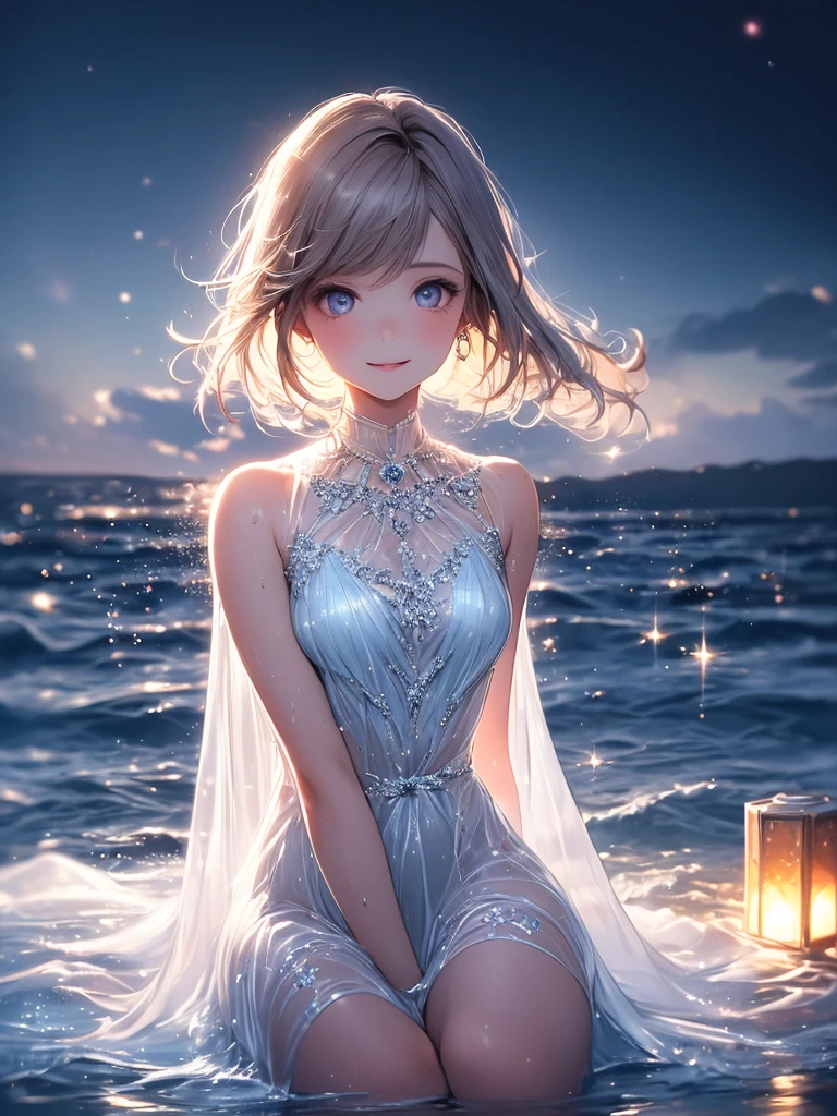 (fluid art),(master piece),(4k),high quality,(small breasts),(1 beautiful girl),(solo),long silver hair,pale skin,smile,beautiful detailed blue eyes, (Highly detailed elegant),(see-through dress),((transparent dress)),((transparent skirt)),(wet dress), Magical colors and atmosphere, Detailed skin,(cute sparkle), light particles,The background is soft and blurry,Add a dramatic and symbolic element to your scene, Depth of written boundary, Bokeh, Silky to the touch, Hyper Detail,girl is sitting on the water,beautiful blue water,create an ethereal atmosphere like a dream,film lighting,cowboy shot