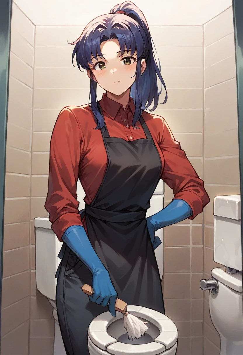 1girl, misato katsuragi, ponytail, ((blue half elbow gloves)), (red shirt), ((long sleeves)), (black apron), (pants), looking at viewer, standing, ((cleaning the toilet room)), solo