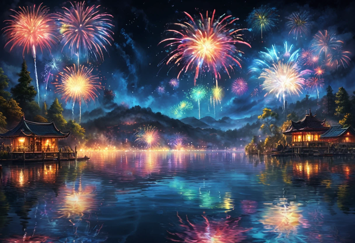 8k, 超High resolution, High resolution, Cinematic, Cinematic image, Intricate details, Realistic, photograph,

Fantasy art style, mysterious, Night Sky、Lots of fireworks、Various types of fireworks、Just draw fireworks、lake、Fireworks reflected on the entire water surface、

Vibrant Style, Flowing and intermingling colors. Airbrush painting.

