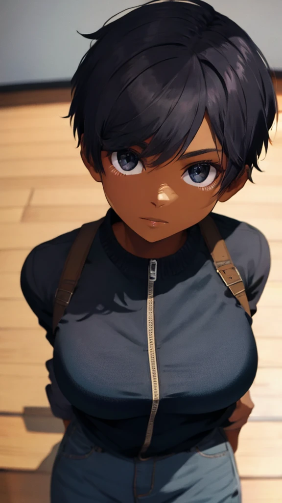 (masterpiece, best quality, ultra detailed, four fingers and one thumb, black eyes:1.4), BREAK 1lady, athletic female, abs body, (Black Hair, Pixie Cut, chest, gigantic chest, Sunburn, Sunburnlines, Dark Skin:1.3), (ultra detailed face, expression of fine eyes, shiny hair, shiny skin, oily skin, super detailed skin), (glowing, depth of field, eye-level shot from front, from above, looking at viewer:1.4),
