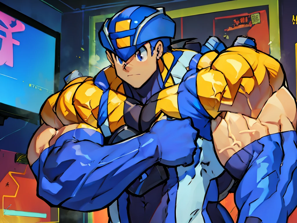 Huge muscles,Rockman,(((8-year-old boy))),