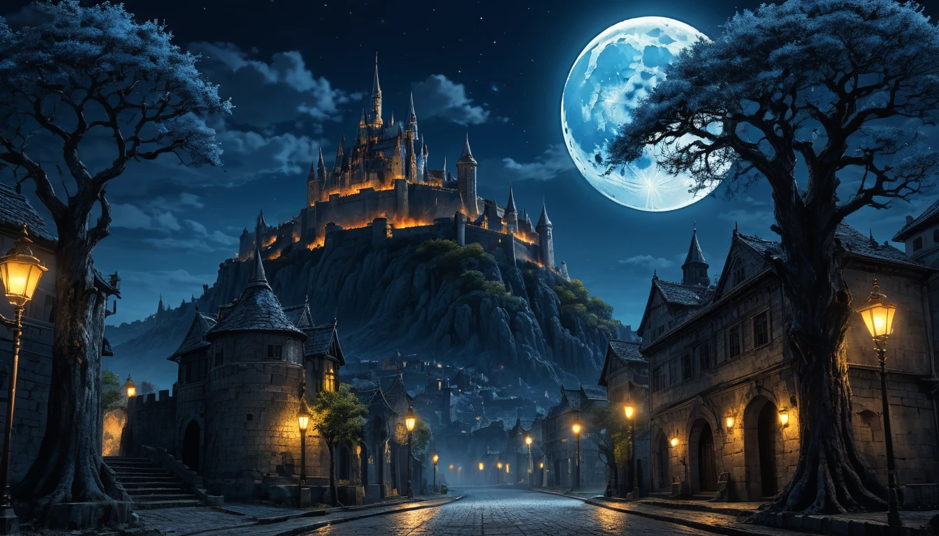 anime aestetics, anime scenery, gigantic blue moon over the castle, capital of ashes, stone roads, tall white stone buildings, beautiful architecture, elden ring capital, night, fullmoon, gigantic burning tree on the background, sky high tree, erd tree, elden ring scenery, gigantic structures, streets covered in ashes, medieval capital, dark fantasy setting, dark night, red yellow an blue colours, atmospheric perspective, perspective, wide shot, from side, 4K, 8k, highres, best quality, award winning, super detail, accurate, masterpiece, UHD