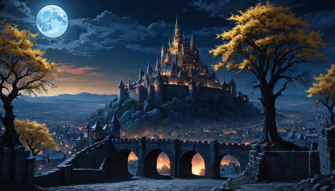 anime aestetics, anime scenery, gigantic blue moon over the castle, capital of ashes, stone roads, tall white stone buildings, beautiful architecture, elden ring capital, night, fullmoon, gigantic burning tree on the background, sky high tree, erd tree, elden ring scenery, gigantic structures, streets covered in ashes, medieval capital, dark fantasy setting, dark night, red yellow an blue colours, atmospheric perspective, perspective, wide shot, from side, 4K, 8k, highres, best quality, award winning, super detail, accurate, masterpiece, UHD