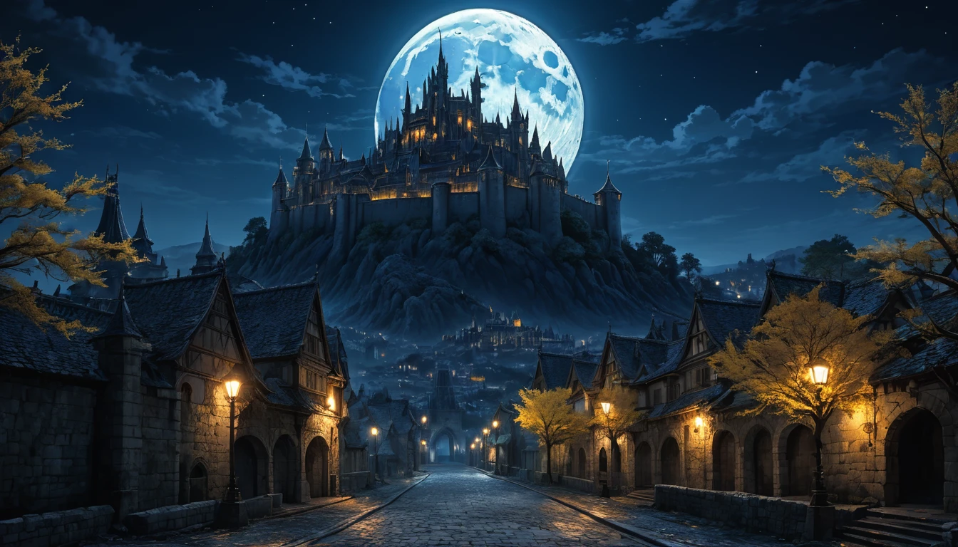  anime aestetics, anime scenery, gigantic blue moon over the castle, capital of ashes, stone roads, tall white stone buildings, beautiful architecture, elden ring capital, night, fullmoon, gigantic burning tree on the background, sky high tree, erd tree, elden ring scenery, gigantic structures, streets covered in ashes, medieval capital, dark fantasy setting, dark night, red yellow an blue colours, atmospheric perspective, perspective, wide shot, from side, 4K, 8k, highres, best quality, award winning, super detail, accurate, masterpiece, UHD