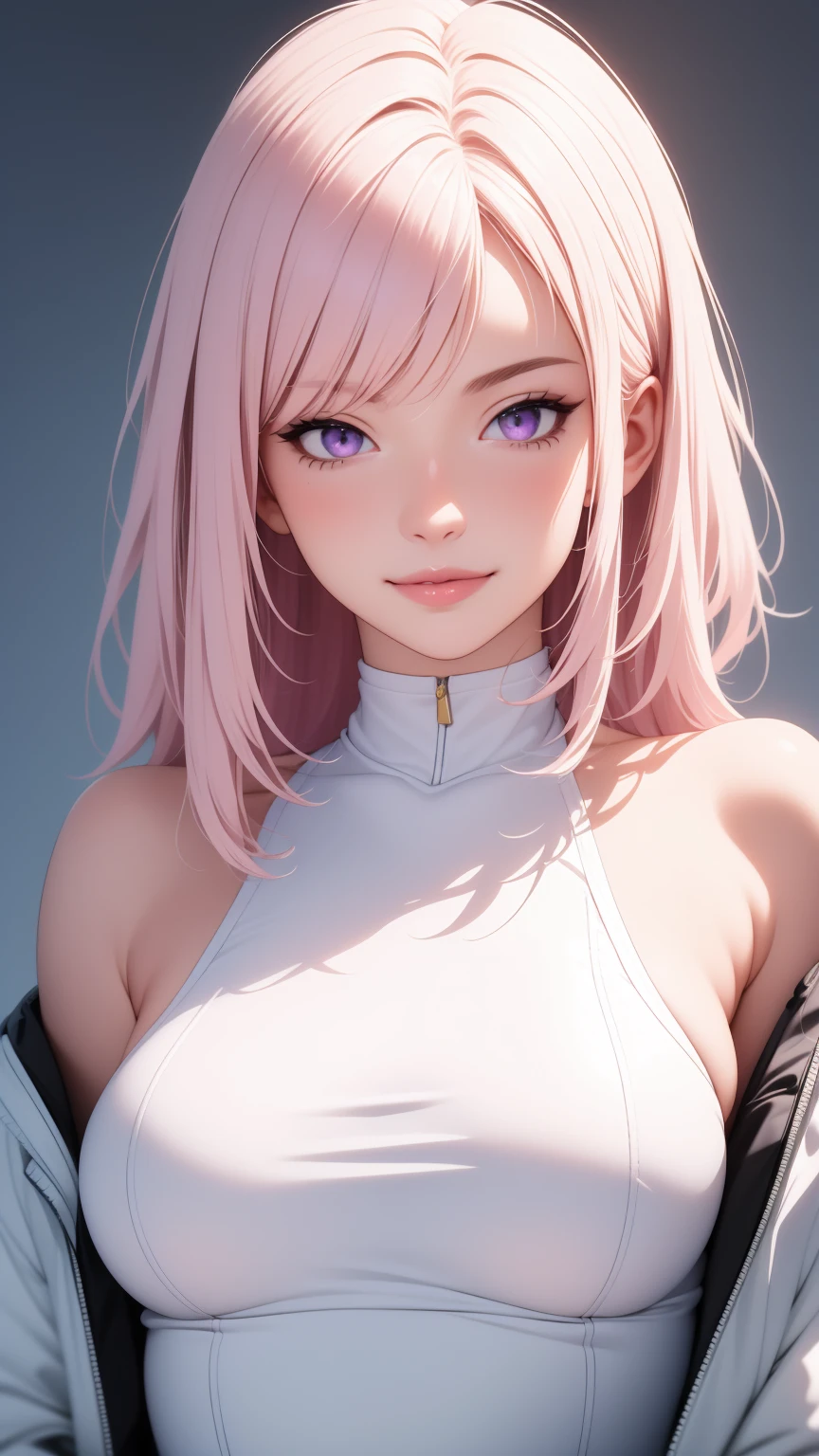 (masterpiece, Best quality), complex parts, thin, ((slim)), beautiful girl, light pink hair, White skin, light purple eyes, sharp jawline, cropped jacket, dirty hair, lips, upper body, Close-up, smile