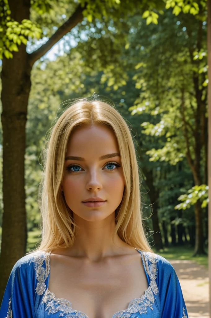 Portrait d une jeune femme cheuveux blond yeux bleu une belle robe ainsi qu un beau maquillage qui est debout se situant dans un jolie parc qualité 4k 