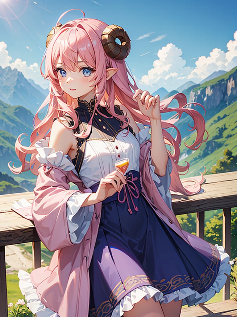 Young woman, pink, curly hair, small horns, Blue eyes, blue middle dress with sleeves, in the mountains, pit weather, modest pose
