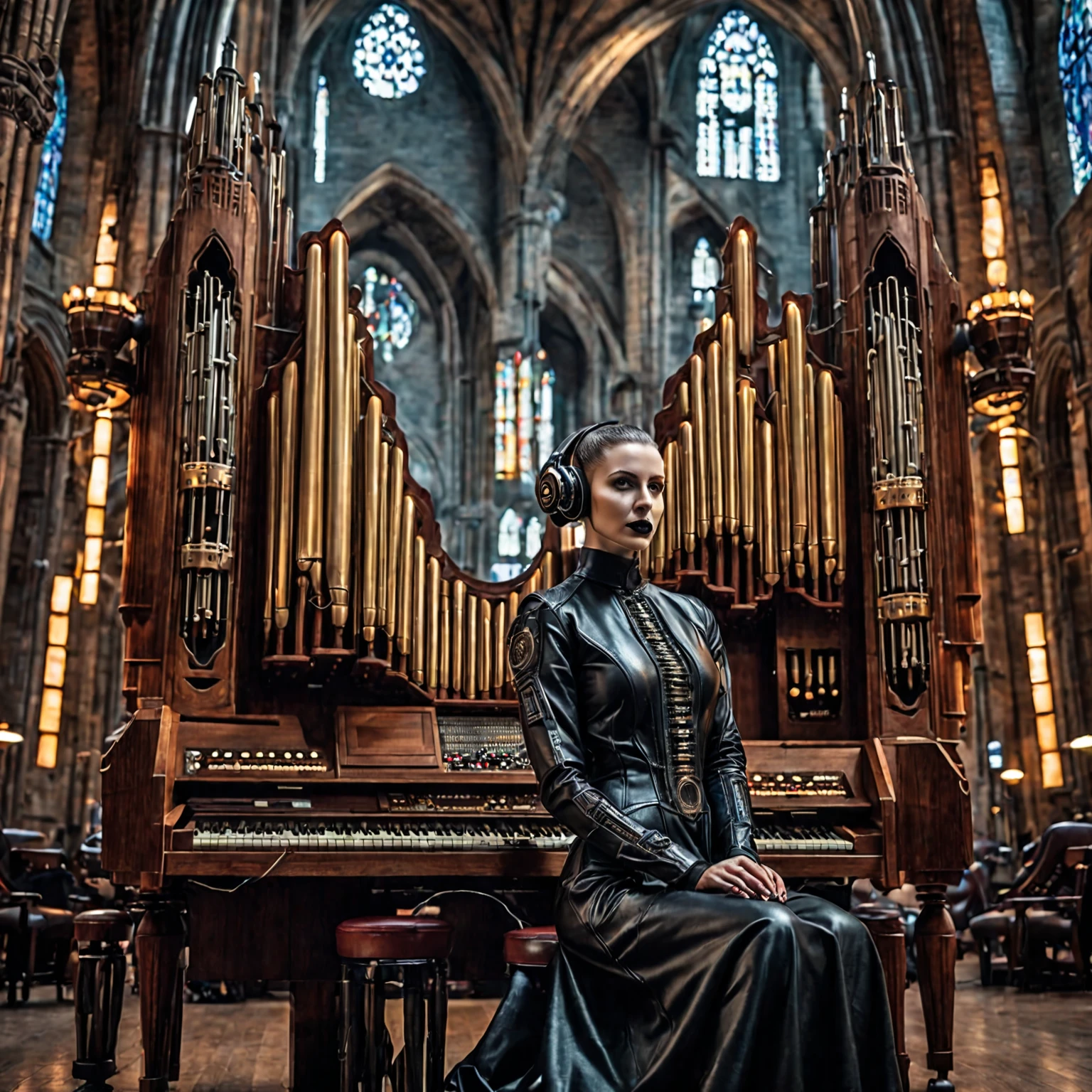 (cyber punk:1.4)、Androidの修道女に焦点を当てた写真, indoor, Realistic landscape, (Android:1.4), Beautiful Face、Well-formed face、Symmetrical face、Playing the organ, pipe organ, music, close, arch, Chair, Nun's clothing, Very wide shot, Character Photography Portrait, movie, Professional, 4K, Very detailed,