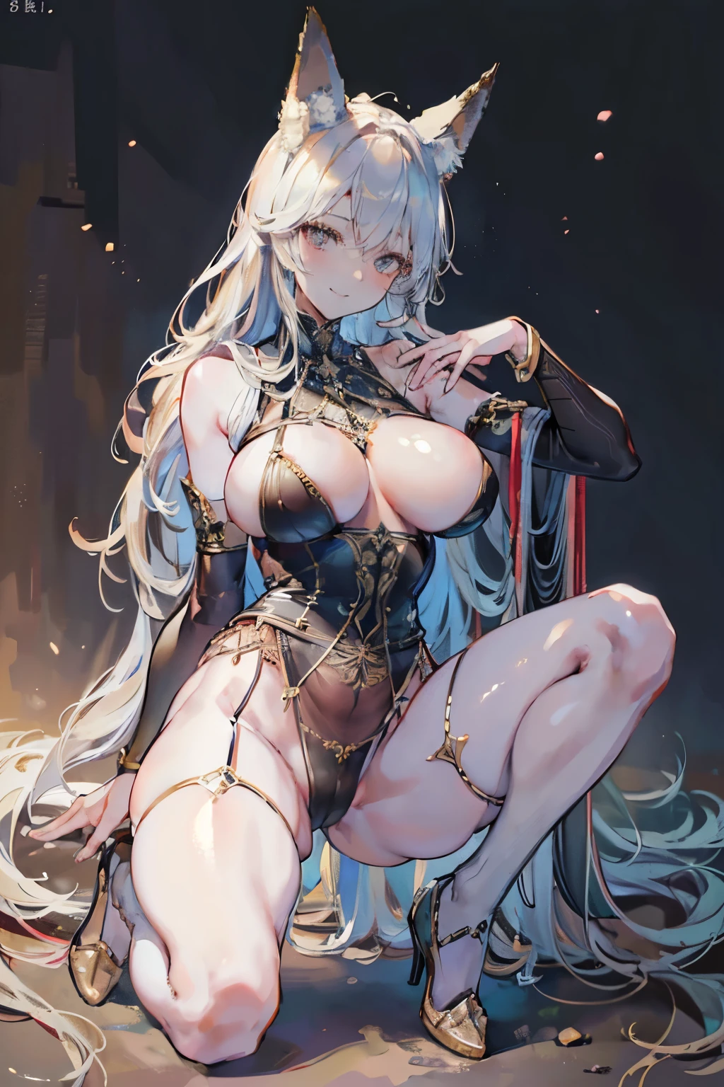 (masterpiece, Highest quality:1.3), (超detailed:1.2), (hyperRealistic:1.3), (RAW Photos:1.2), High-definition RAW color photos, Professional photos, (PhotoRealistic:1.4), (Realistic:1.4), Professional Lighting, Perfect Anatomy, (Big Breasts:1.1), (blush, detailedな顔), (smile:1.5), Flat lighting,elevation,sexy,A beautiful woman with supple curves,((Highest quality)), ((masterpiece)), (detailed),sexy,A beautiful woman with supple curves,((Highest quality)), ((masterpiece)), (detailed), One girl,Silver Hair,Long Hair,Dark Skin,Wearing a black sleeveless dress,Wear black high heels,,Spread your legs,Crouching pose,sit,Starry Sky,cloud,20Old woman,Look away,Black garter belt on leg,Wearing lace knee-high socks,Fox ears