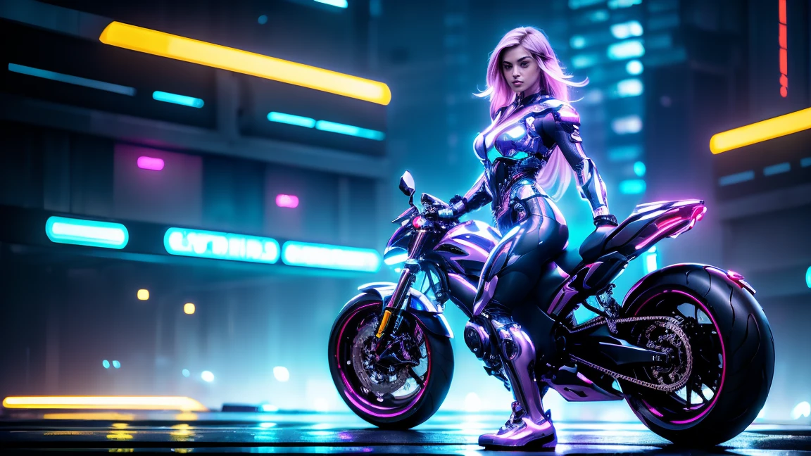 Female Cyborg full body game character design with neon glowing accents in her futuristic cyborg android muscular full body, with a futuristic city as a background, warm and cold ambient mood Background, foggy and windy scenery, and futuristic motorbike parked behind her, with all lighting on in her motorbike , artistic photo hyper realistic.