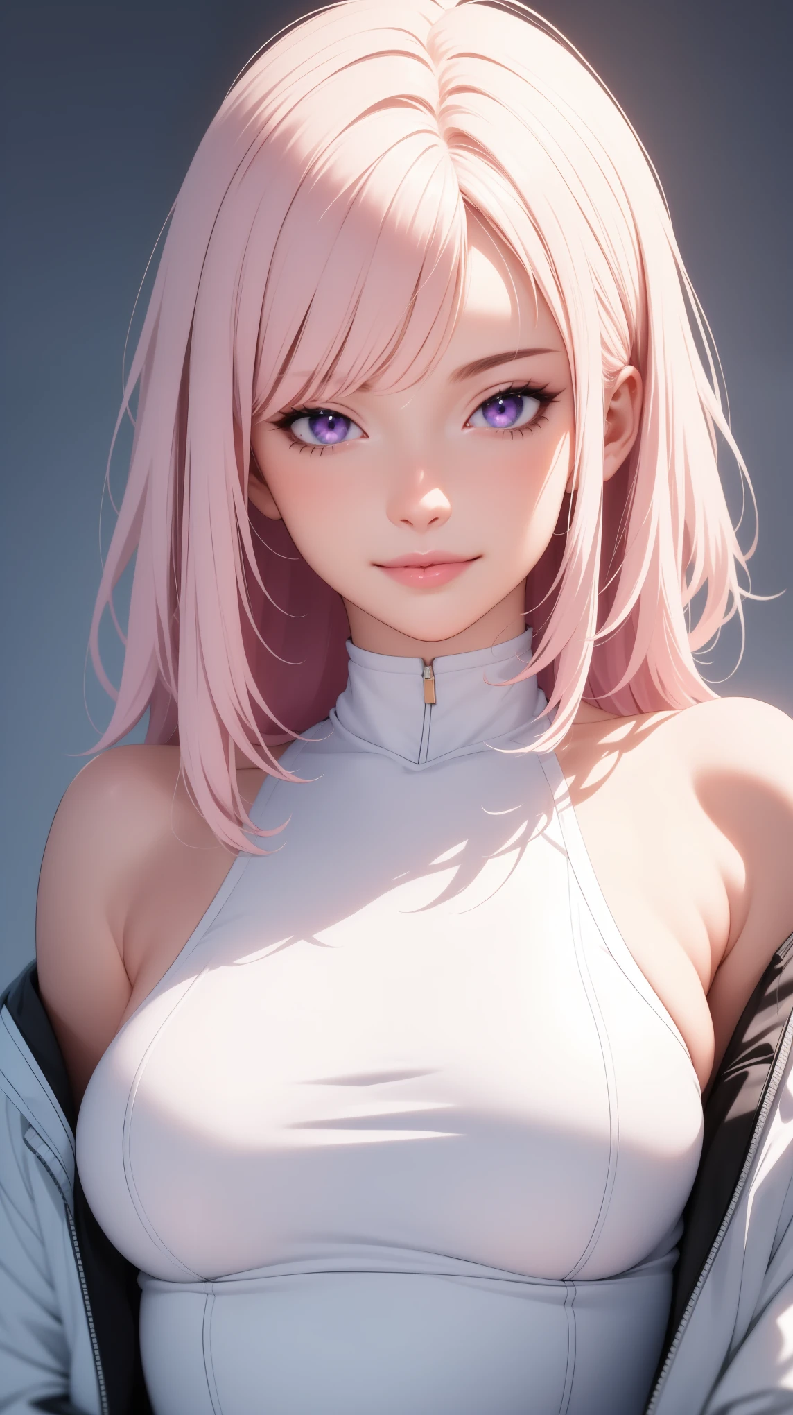 (masterpiece, Best quality), complex parts, thin, ((slim)), beautiful girl, light pink hair, White skin, light purple eyes, sharp jawline, cropped jacket, dirty hair, lips, upper body, Close-up, smile