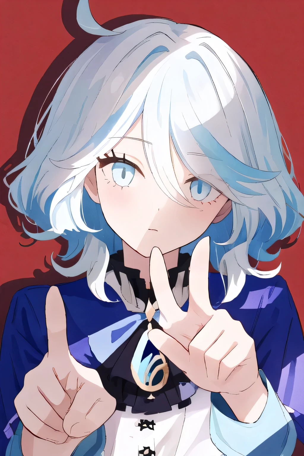 (best quality, masterpiece, highres),1girl,solo,furina, blue&white&skyblue hair, blue eyes, bow-shaped hair,look viewer ,dark,light rays,shadow, America Wants You Poster pose, point to the viewer, expressionless, pointing at the viewer with the index finger of the right hand,brutal, a natural hand