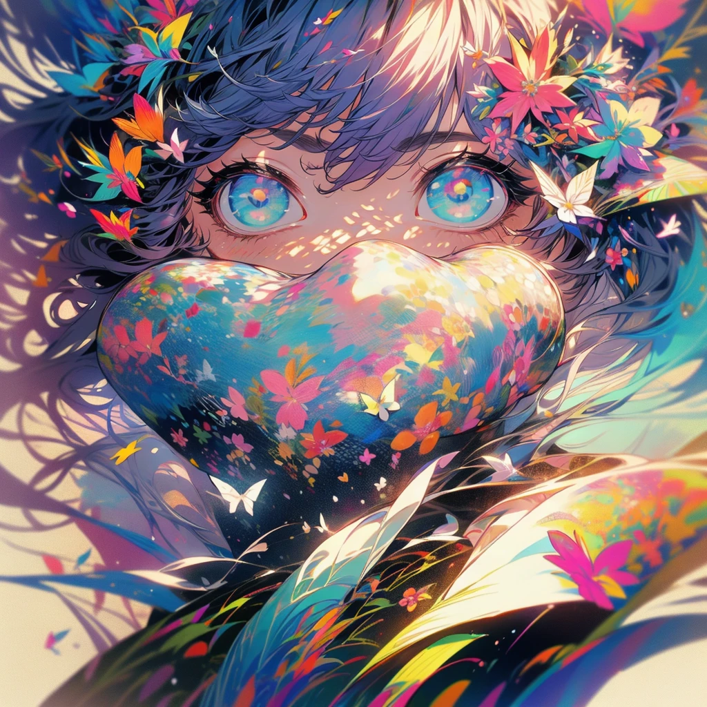 (1 Girl:1.3)、(Colorful Hair:1.2)、カラフルなflower柄の着物を着ている、(masterpiece, Highest quality,Beautiful fine details, Super detailed, :1.2), 8k wallpaper, Elaborate features, ,flower、Landscape painting、whole、(Beautiful and aesthetic:1.2)、darkness、dark、black、カラフルなflower、Fantasy、blackい世界