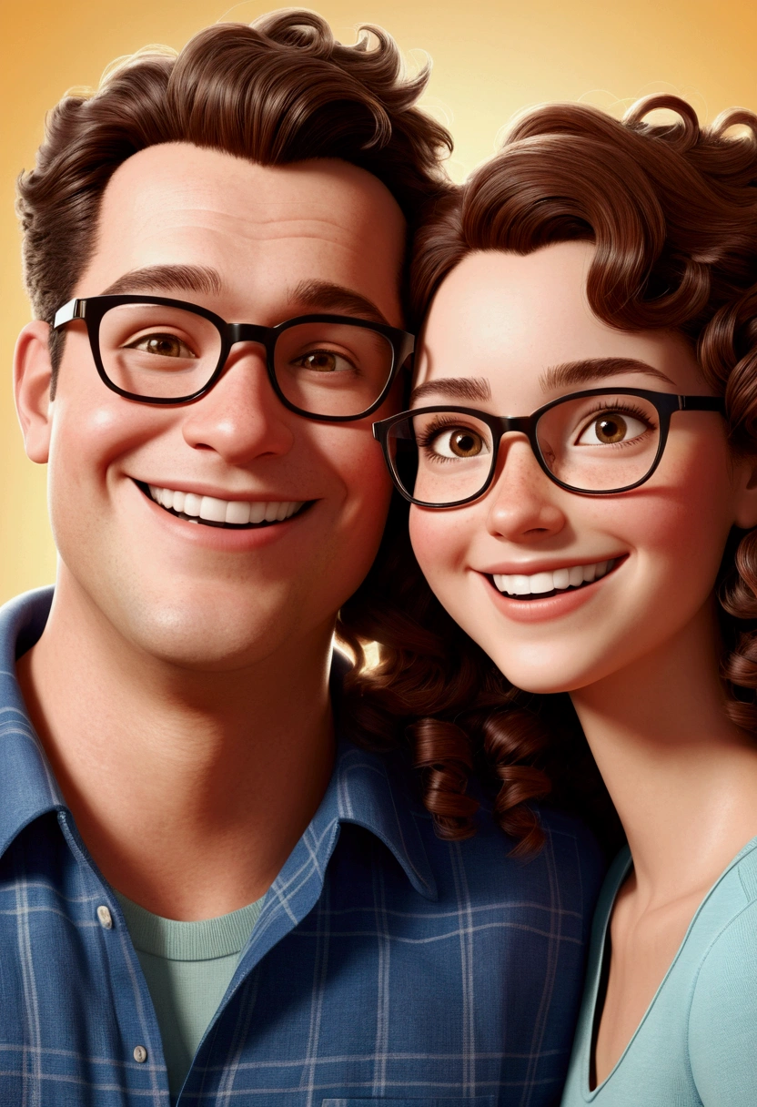 An illustration of an adorable couple, Featured is a smiling chubby white man and a brunette woman with beautiful expressive eyes and glasses - the man's skin is white and the man's hair is curly, while the woman's skin is white and the woman's hair is curly and brown. They are a bright room, each with a smile on their face, and share a special moment characterized by love, Perceptions. Illustrate this scene from a perspective where they are facing the camera, Smiling and showing your connection. Develop this art in Full HD, Focus on your cinematic flair, Estilo Disney Pixar Animations