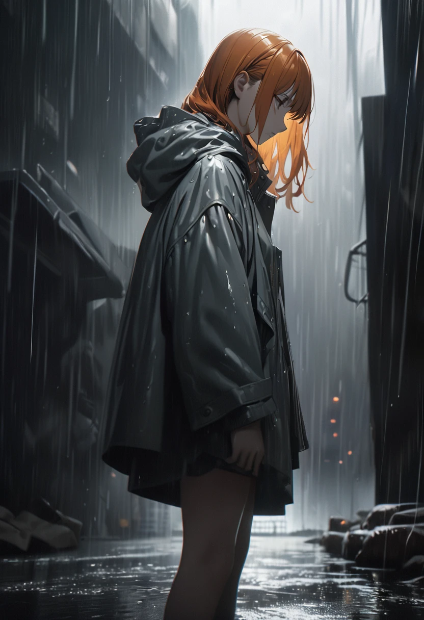 A sad and melancholic anime girl with vibrant orange hair, standing in the rain against a blurred, muted background, dramatic lighting, highly detailed, photorealistic, cinematic composition, masterpiece, 8K, hyperrealistic, dramatic lighting, emotional, atmospheric, moody, muted color palette