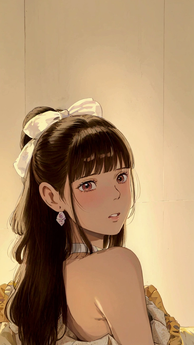 there is a young girl with a bow on her head, lalisa manobal, curly bangs and ponytail, lalisa manoban of blackpink, jinyoung shin, white hime cut hairstyle, neat hair with bangs, with bangs, jaeyeon nam, korean girl, with full bangs, ulzzang, fluffy bangs, beautiful young korean woman, white bangs, chiho