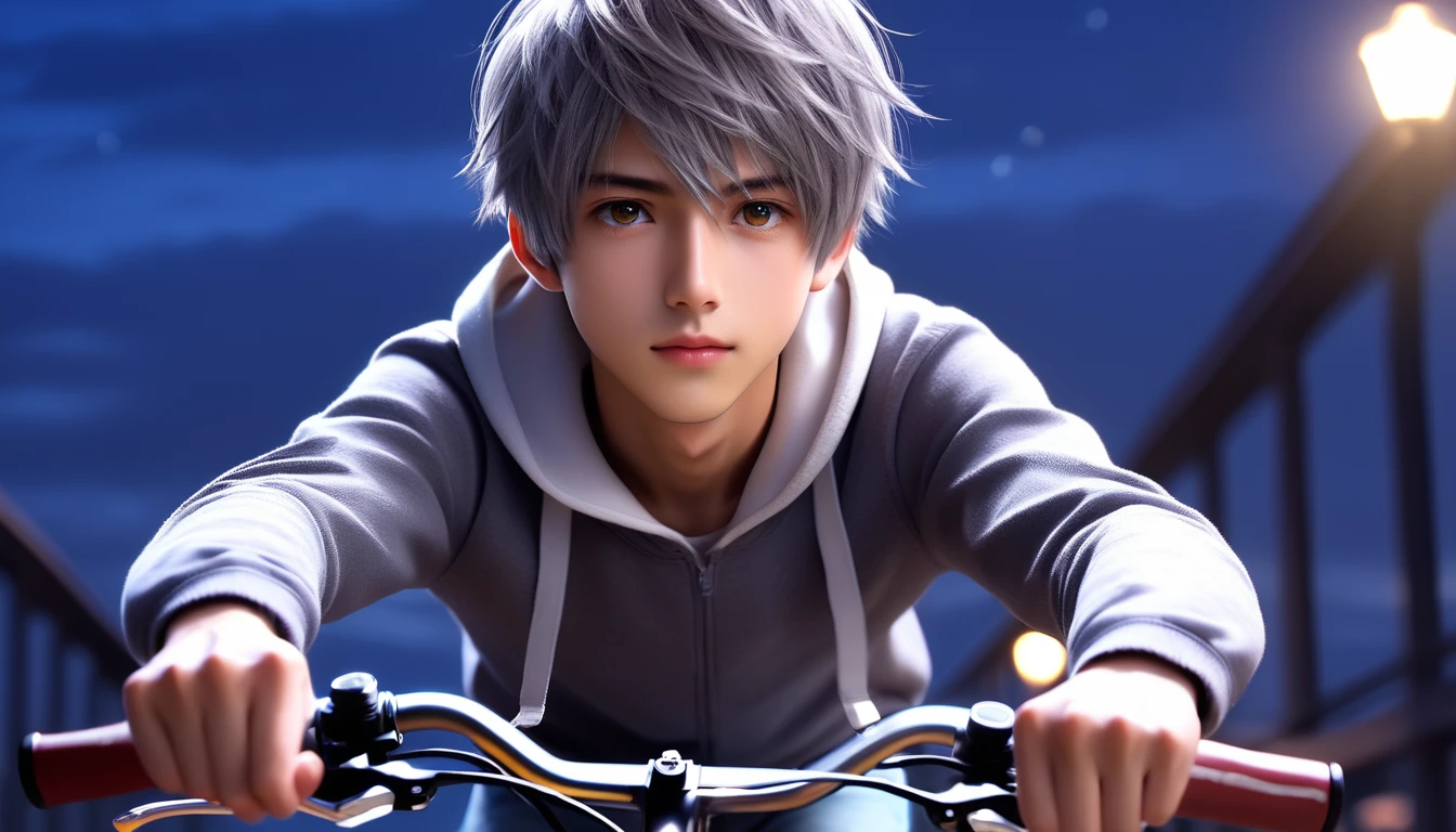 (8k, RAW photos, best quality, masterpiece: 1.4), (((Boy on bike))),Ultra-high resolution, Extremely detailed, light, Upper body close-up, handsome boy, black eyes, (delicate eyes, Eyes are bright:1.2), Gray short hair, Fair skin,dark, Gray hooded sweatshirt,(perfect anatomy:1.2), High-quality shadows, Natural Lighting, (White highlights:1.2), night, cloudy day, (bridge:1.2)