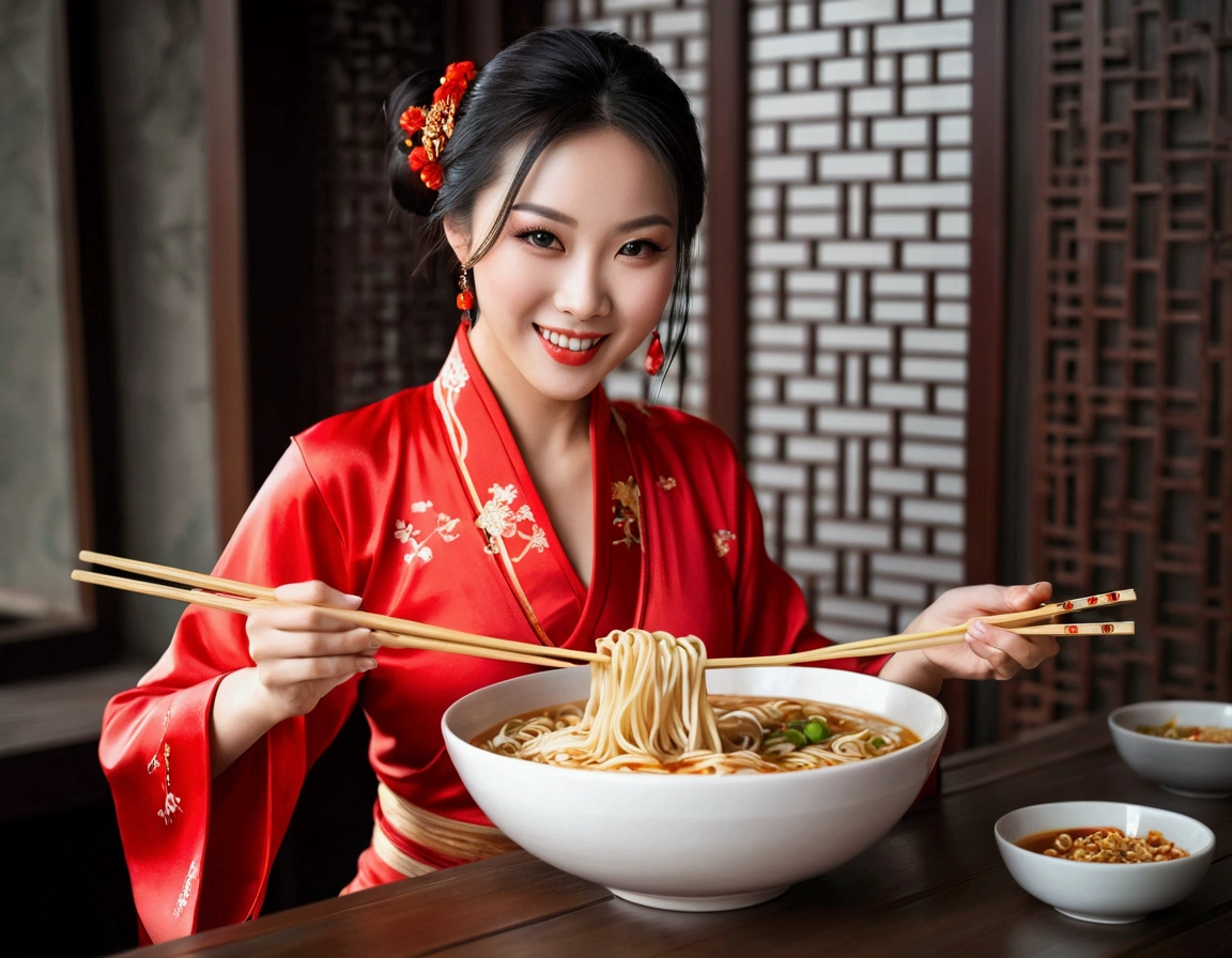 Create an image of a beautiful Chinese woman wearing a hot and sexy Chinese outfit, eating noodles while showing off her big breasts with deep calibre. She is holding a white bowl full of noodles in her left hand while using chopsticks in her right hand to pick up the noodles. She has a light smile on her face, showing her enjoyment of the taste of noodles. There is a calm and picturesque Chinese cultural scene in the background, adding to the traditional atmosphere.