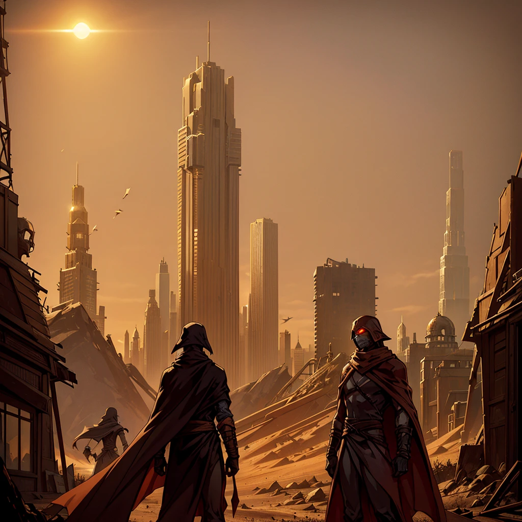 A cloaked elf runner in desert gear, standing atop a crumbling skyscraper, with the wind whipping sand around. The high-tech mask glows faintly as the elf surveys a city buried in dunes, where broken glass and rusted metal structures poke through the sands. The tattered cloak blends into the dusty, sun-scorched environment, creating a haunting silhouette against the desolate horizon.