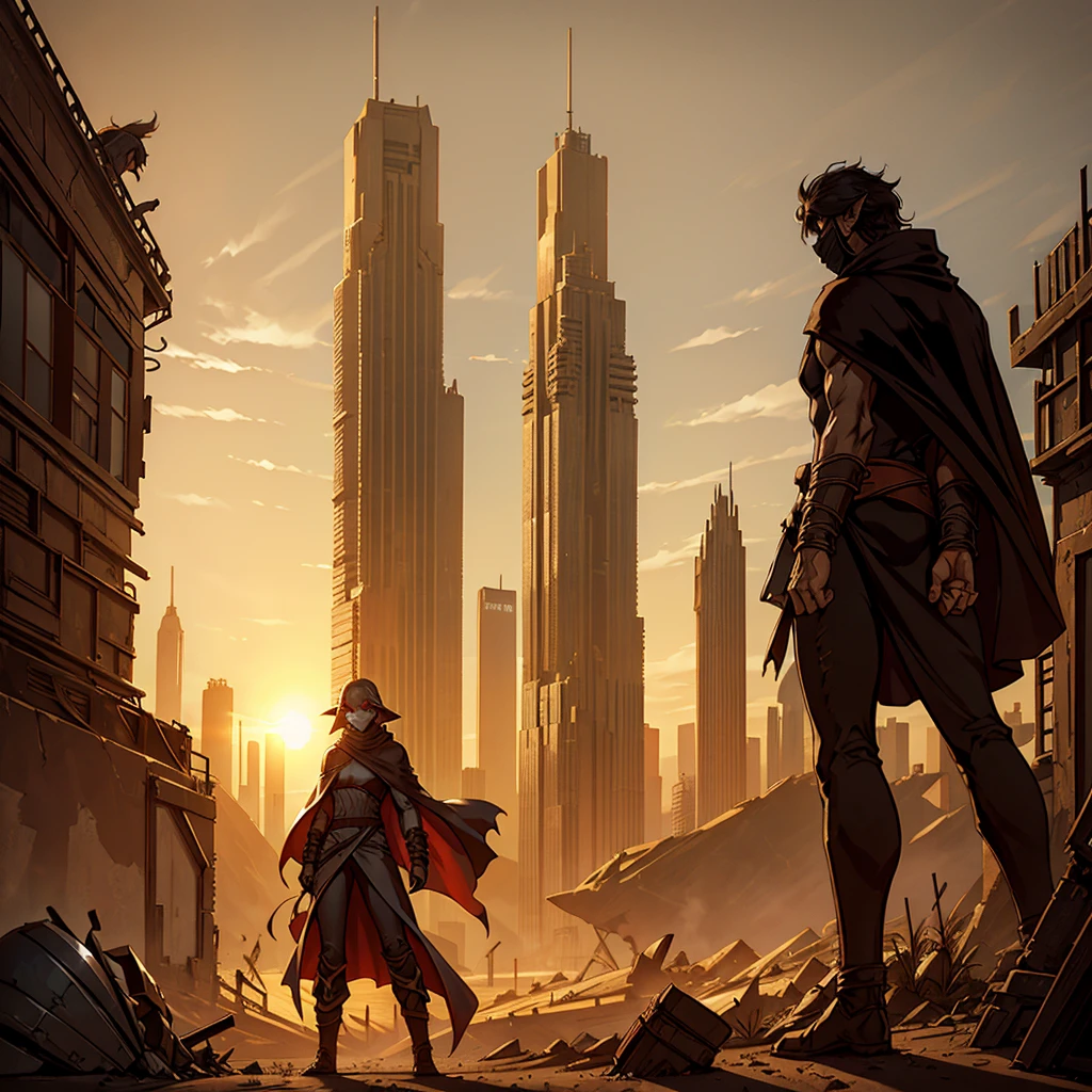 A cloaked elf runner in desert gear, standing atop a crumbling skyscraper, with the wind whipping sand around. The high-tech mask glows faintly as the elf surveys a city buried in dunes, where broken glass and rusted metal structures poke through the sands. The tattered cloak blends into the dusty, sun-scorched environment, creating a haunting silhouette against the desolate horizon.