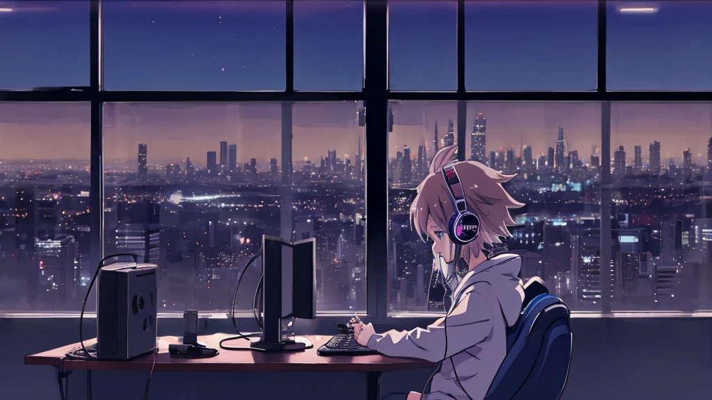 Create a lofi-style anime illustration of a woman wearing headphones, looking intently at a PC screen as she researches. The setting includes a night cityscape visible through a window, creating a calm and focused atmosphere.