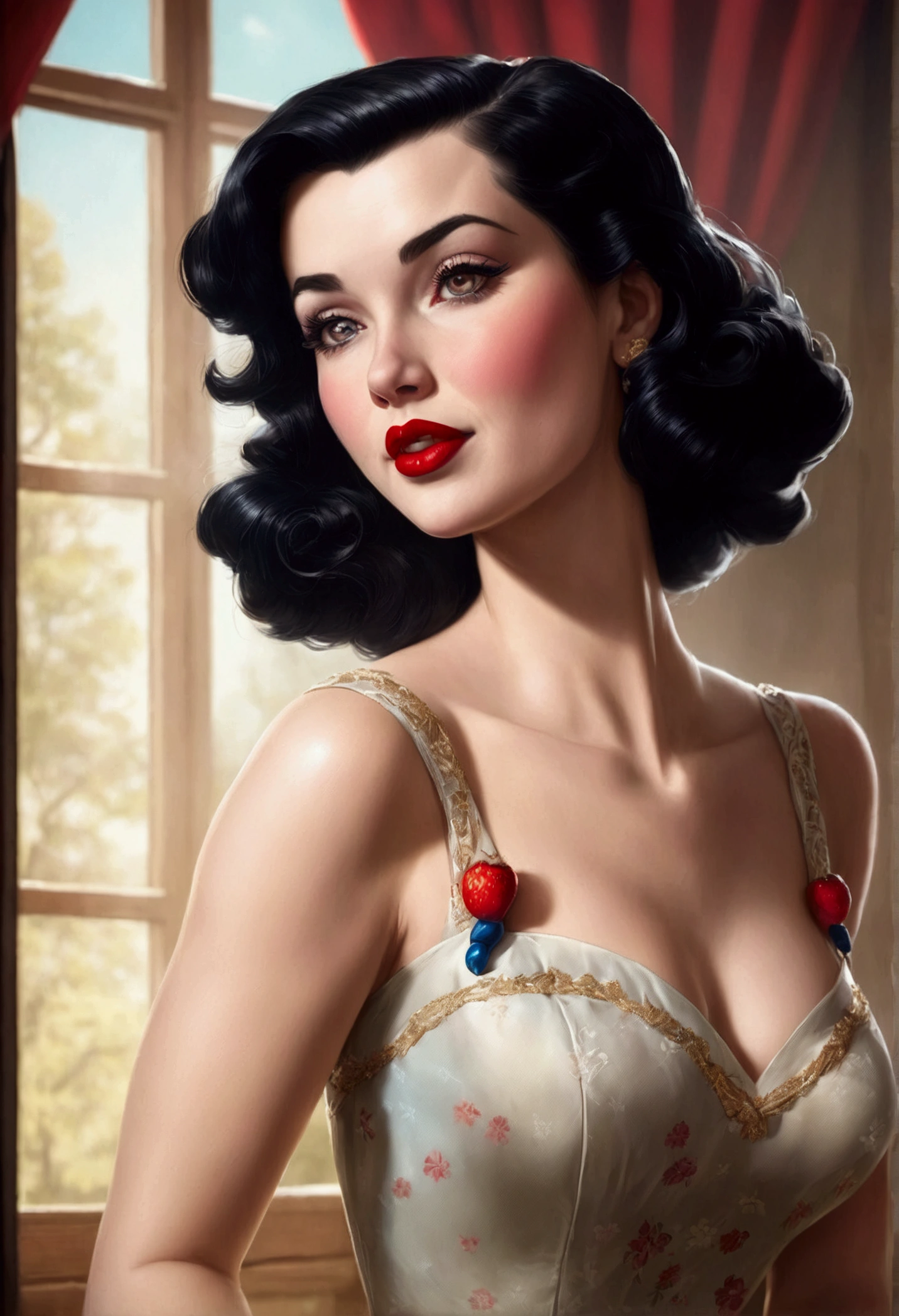 a close up of a cartoon of a woman in a dress, SEXY snow white, pinup art, portrait of snow white, pinup, pinup girl, girl pinup, pin up, pin up girl, beautiful retro art, pale snow white skin, pin - up, pin-up, pin-up poster girl, pin - up girl, comic pinup style, pinup pose, partial nude, tattooed