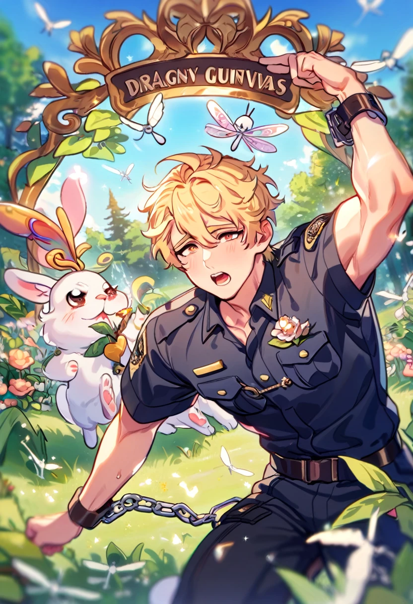 absurdres, highres, ultra detailed, HDR, master piece, best quality, Quincy, blonde hair, expressive amber eyes, Nu Carnival, solo, sexy man, handsome, horny, black police officer clothes, black hat, handcuffs, fantasy, magical forest, green leaves, flowers, bunnies, dragonflies, trees, blue sky