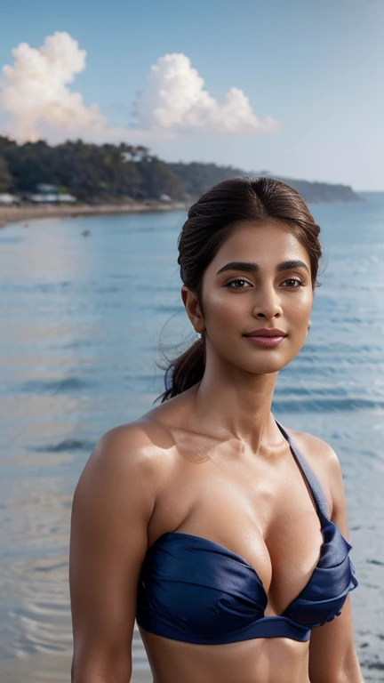 close-up body portrait, showing navel and midriff, (beach photoshoot), ((best quality)), masterpiece, 8k wallpaper, nikon, cinematic lighting, medium hair, ((blue iris)), (photorealistic:1.4), (pooja hegde), (as model), (deep cleavage), bikini, black hair