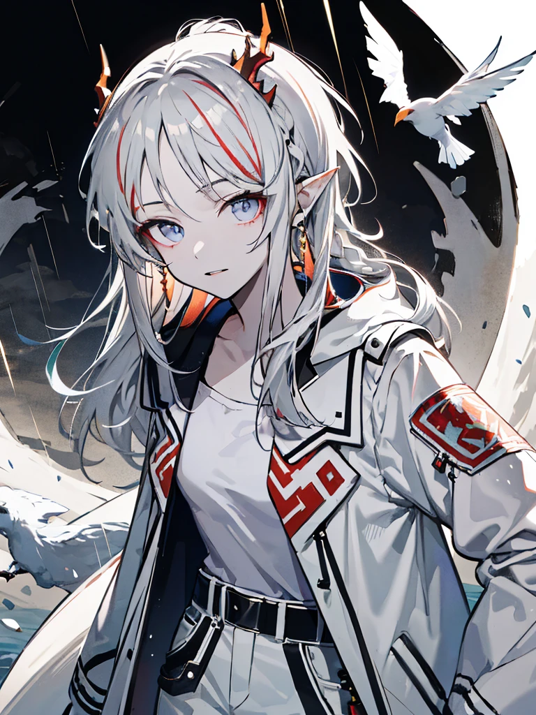 A masterpiece, best quality, Bird's-eye view,Illustration style,bust,
origen, Anime Girl, beautiful eyes, summer, Wide leg pants, Shirt jacket,Fashion,small, Heartwarming, Youthful and beautiful,, Black and white,, showing a natural casual style., Large aperture portrait, White space, Strong contrast between light and shadow, Super texture, Super clear and concise pictures, presenting extremely beautiful, Elegant temperament, subtle facial expressions, Seabed background, rain,,one person