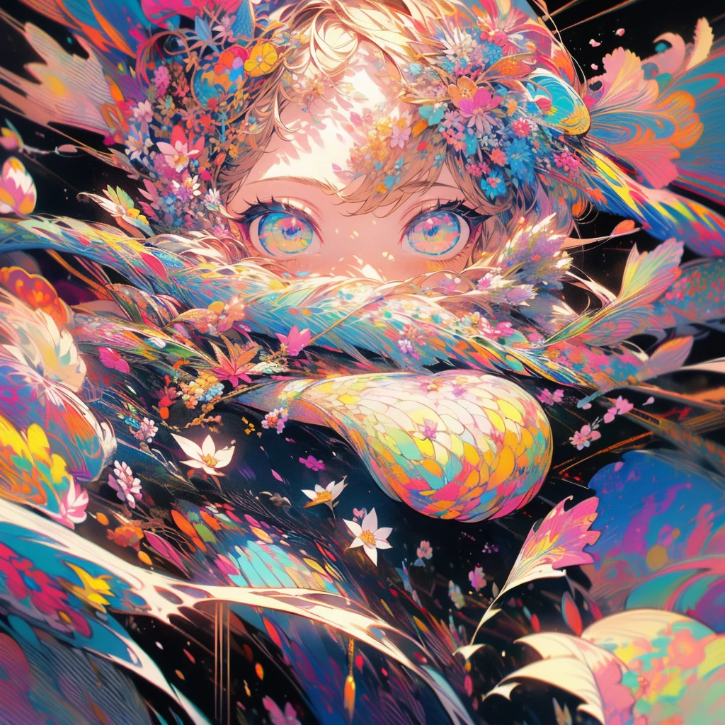 (1 Girl:1.3)、(Colorful Hair:1.2)、カラフルなflower柄の着物を着ている、(masterpiece, Highest quality,Beautiful fine details, Super detailed, :1.2),,flower、darkness、dark、black、カラフルなflower、Fantasy、blackい世界