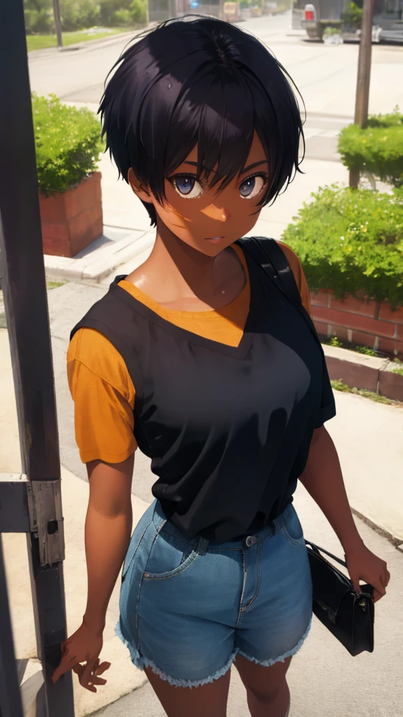  (masterpiece, best quality, ultra detailed, four fingers and one thumb, black eyes:1.4), BREAK 1lady, athletic female, abs body, (Black Hair, Pixie Cut, chest, gigantic chest, Sunburn, Sunburnlines, Dark Skin:1.3), (ultra detailed face, expression of fine eyes, shiny hair, shiny skin, oily skin, super detailed skin), (glowing, depth of field,  eye-level shot from front, from above, looking at viewer:1.4),