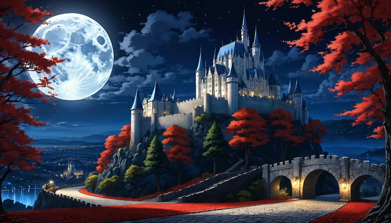  anime aestetics, anime scenery, gigantic blue moon over the castle, capital of ashes, stone roads, tall white stone buildings, beautiful architecture, elden ring capital, night, fullmoon, tall trees with silver leaves, elden ring scenery, gigantic structure, medieval capital, dark fantasy setting, dark night, red yellow an blue colours, atmospheric perspective, perspective, wide shot, from side, 4K, 8k, highres, best quality, award winning, super detail, accurate, masterpiece, UHD