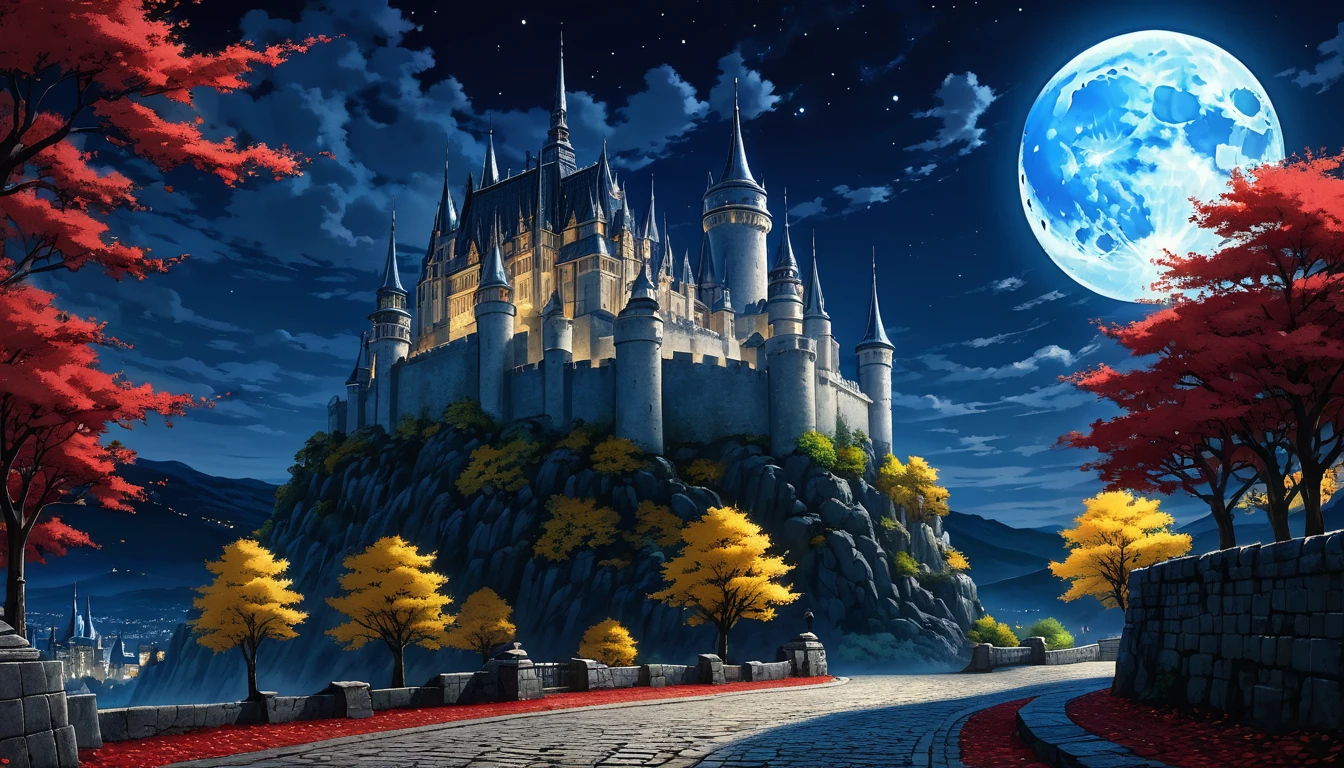  anime aestetics, anime scenery, gigantic blue moon over the castle, capital of ashes, stone roads, tall white stone buildings, beautiful architecture, elden ring capital, night, fullmoon, tall trees with silver leaves, elden ring scenery, gigantic structure, medieval capital, dark fantasy setting, dark night, red yellow an blue colours, atmospheric perspective, perspective, wide shot, from side, 4K, 8k, highres, best quality, award winning, super detail, accurate, masterpiece, UHD