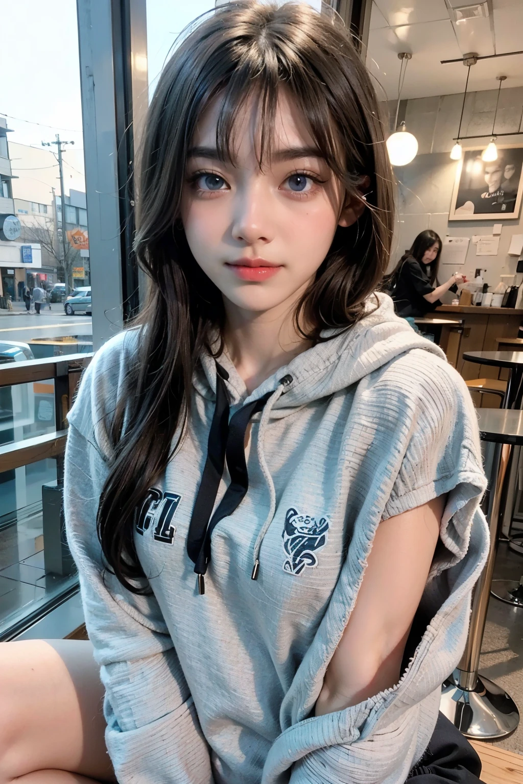 (8k、raw photo、top quality、masterpiece:1.2)、(realistic、realistic:1.37)、1 woman、160,000、cute、Beloved、(blue eyes)、(shy smile:0.4)、(solo)、detailed face、egg shaped face、thin almond eyes、straight black hair、hair above one eye、slim、medium chest、gray sweat hoodie、dramatic angle、The tilt of the head、fluorescent lamp、Inside the coffee shop、sit by the window、small head、(looking at the other side)、