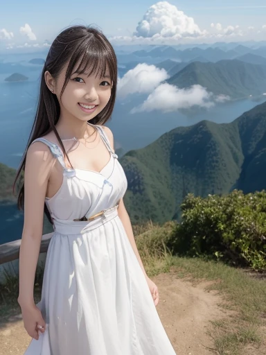 Japanese female, (underweight), (flat chest best quality:1.5), (cheerful grin:1.5),
sky, spread both hands, semi long, (white dress), (in the clouds:1.2), mystical atmosphere, long shot, low angle shot