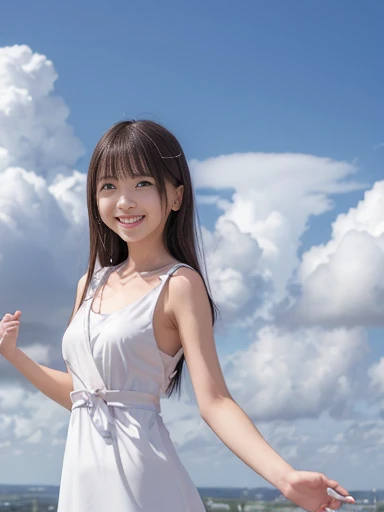 Japanese female, (underweight), (flat chest best quality:1.5), (cheerful grin:1.5),
sky, spread both hands, semi long, (white dress), (in the clouds:1.2), mystical atmosphere, long shot, low angle shot