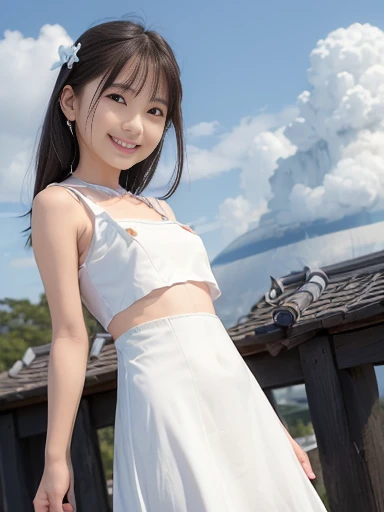 big jump in strong wind, She lifts up the under hem of her beige plain One-piece dress, leaning over, Climax, get ecstasy, masterpiece, very short pigtails,brown hair, Hair tie with two big red clothespins, mature, Female robot, android, blue eyes, full body figure, Height: 160cm, flushed cheeks, 2020s anime picture, missionary angle, A beautiful robot with short brown hair in two short pigtails held up by two very large huge red clothespins, Uplifting, No NSFW, whole body, barefoot, masturbate, Laughter, archaic smile, jumping orgasm, 25 years old, little bust, character sheet
