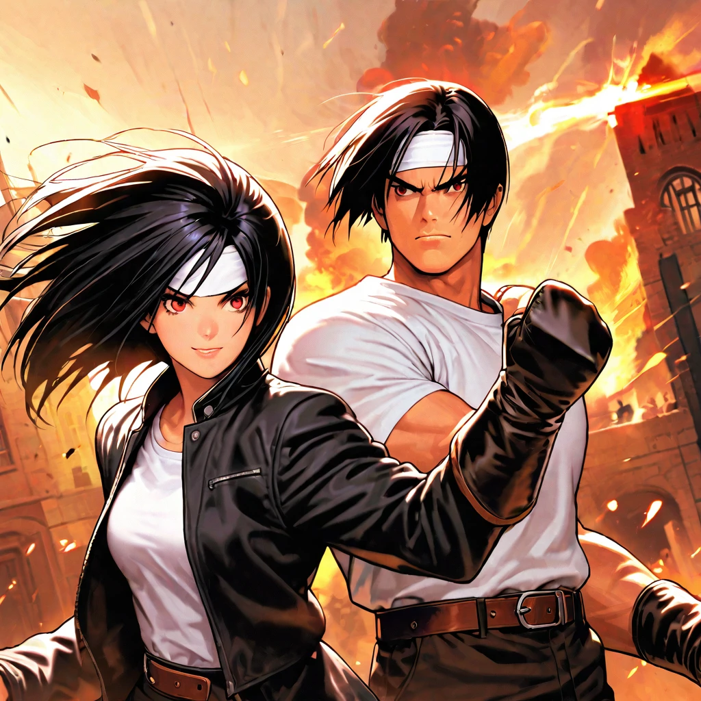 masterpiece, 2 people, ツーshot, Highest quality, 8k, Full Hand Portrait, Action pose, Fight Scene: 1. 5,(kyo kusanagi), Man has black skin、Red eyes、One person、((White headband))ツーshot、Black jacket(Roll up your sleeves)、Fingerless gloves、Black Hair、White T-shirt、Black trousers、White shoes、Brown belt、((kyo kusanagi fighting woman with same clothes and hairstyle))boyish、 good looking, shot, Charming, masterpiece, High resolution, Detailed face, Fine grain, morning, A confident smile, Man and woman fighting with chateau winery in the background, same hairstyle and clothes, Angry men and women, Angry face, same hairstyle and clothes: 1. Attack Speed 5, Fast Attack, Angry face, Angry face