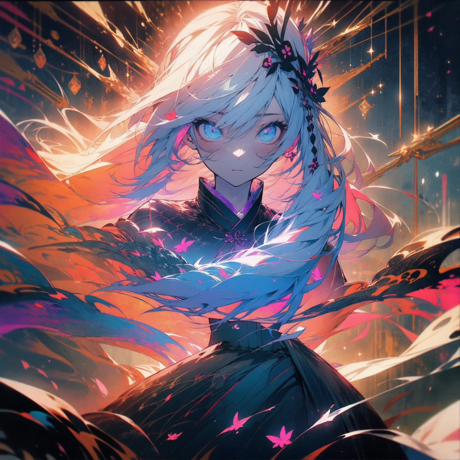 (Beautiful and aesthetic:1.2)、(1 Girl:1.3)、(blackと赤の髪:1.2)、darkness、dark、black、Colorful flowers、Fantasy、blackい世界、Japanese clothing