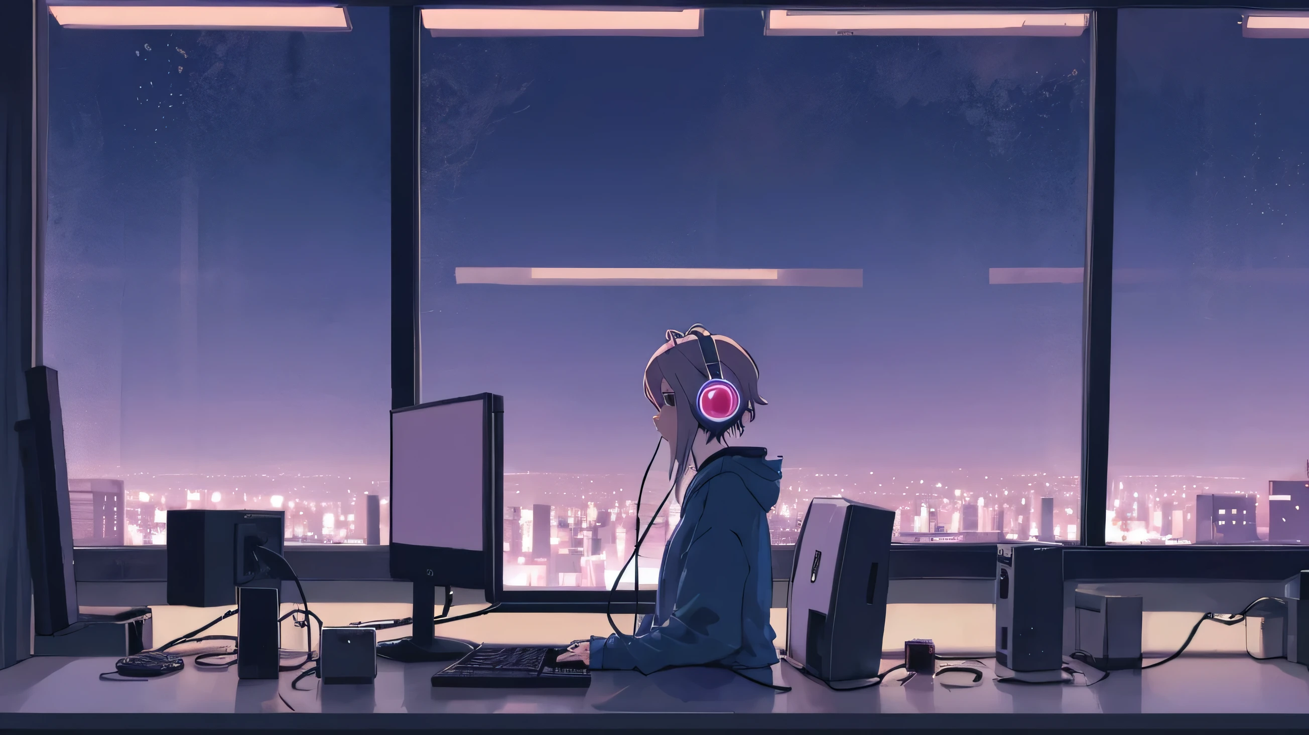 Create a lofi-style anime illustration of a woman wearing headphones, looking intently at a PC screen as she researches. The setting includes a night cityscape visible through a window, creating a calm and focused atmosphere.