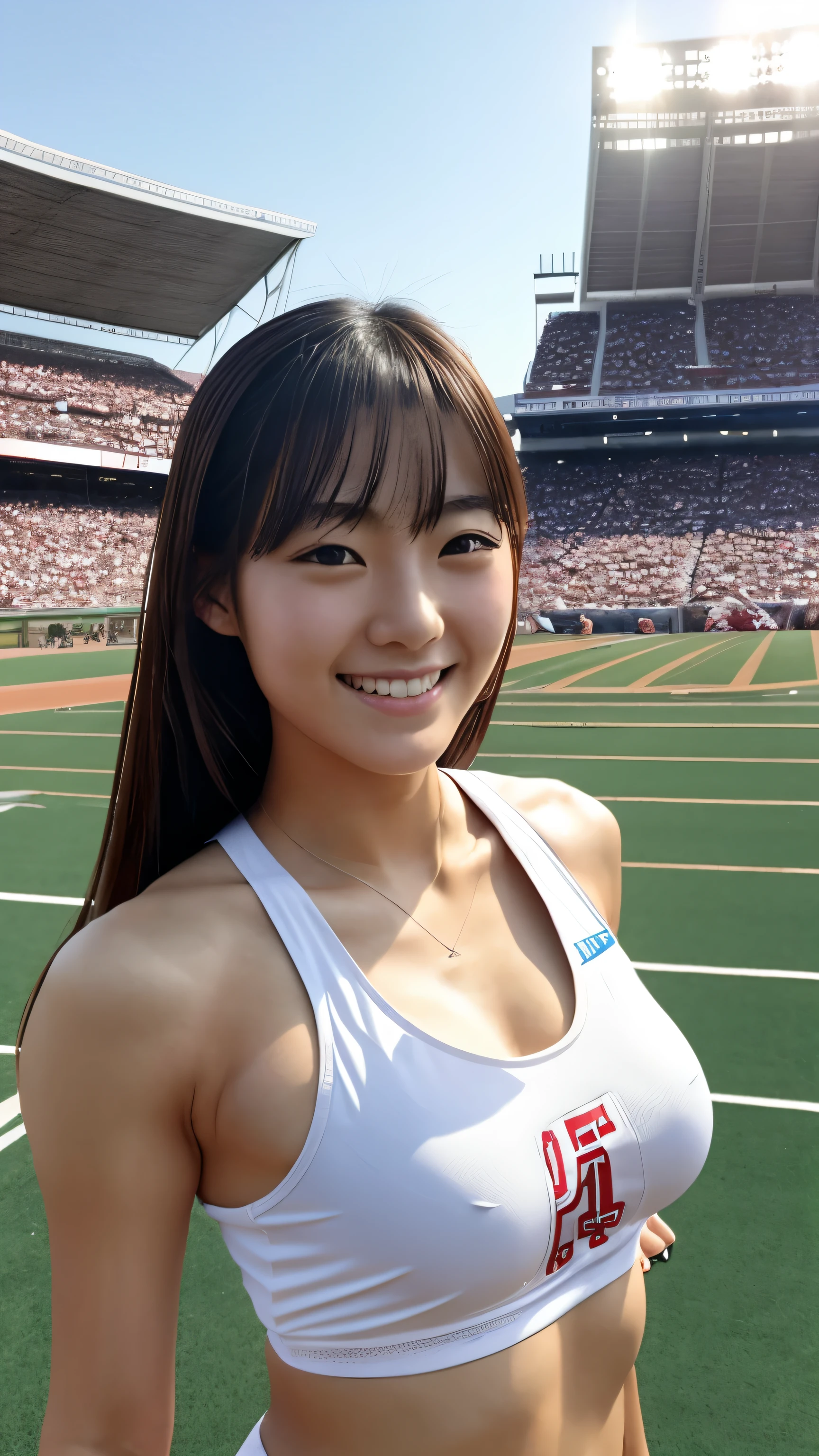 Highest quality、Realistically、Radiant Skin、Japanese women、Around 20 years old、Gravure idol、Ample breasts、Good body、Athletics stadium with spectators、Athletics、Race bib with numbers displayed、uniform、Pose with a smile、Five fingers、