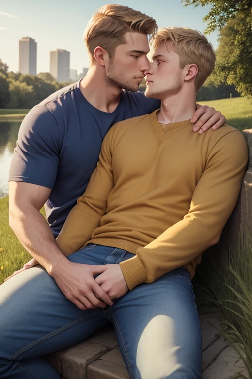 Two men, photo realistic. A 16-year-old, handsome, lean man with short-cut, blond hair and blue eyes, wearing a brown sweatshirt, and khaki pants, sitting in the lap of a 17-year-old, handsome, athletic, Caucasian man with short, shaved brown hair, and blue eyes, wearing a blue and yellow jersey, and jeans, kissing, groping each other, laying on a grassy field, by a pond in a large city park, at night. Masculine, erotic, sexy, romantic, love, huge bulge.